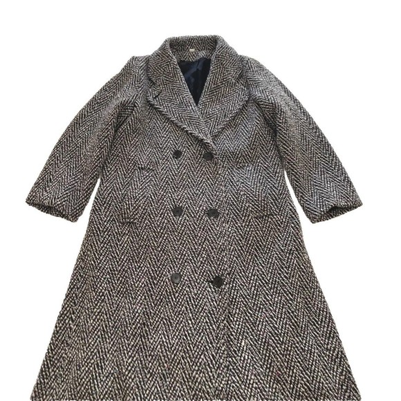 Vintage 80s British Lion Wool Trench Coat Black/White Womens Size 8 Herringbone - Picture 5 of 16